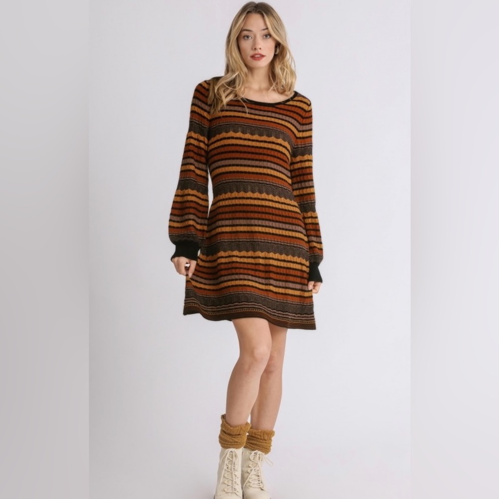 NWT UMGEE Knit Chevron Zig Zag Striped Fall A-Line Long Sleeve Sweater Dress